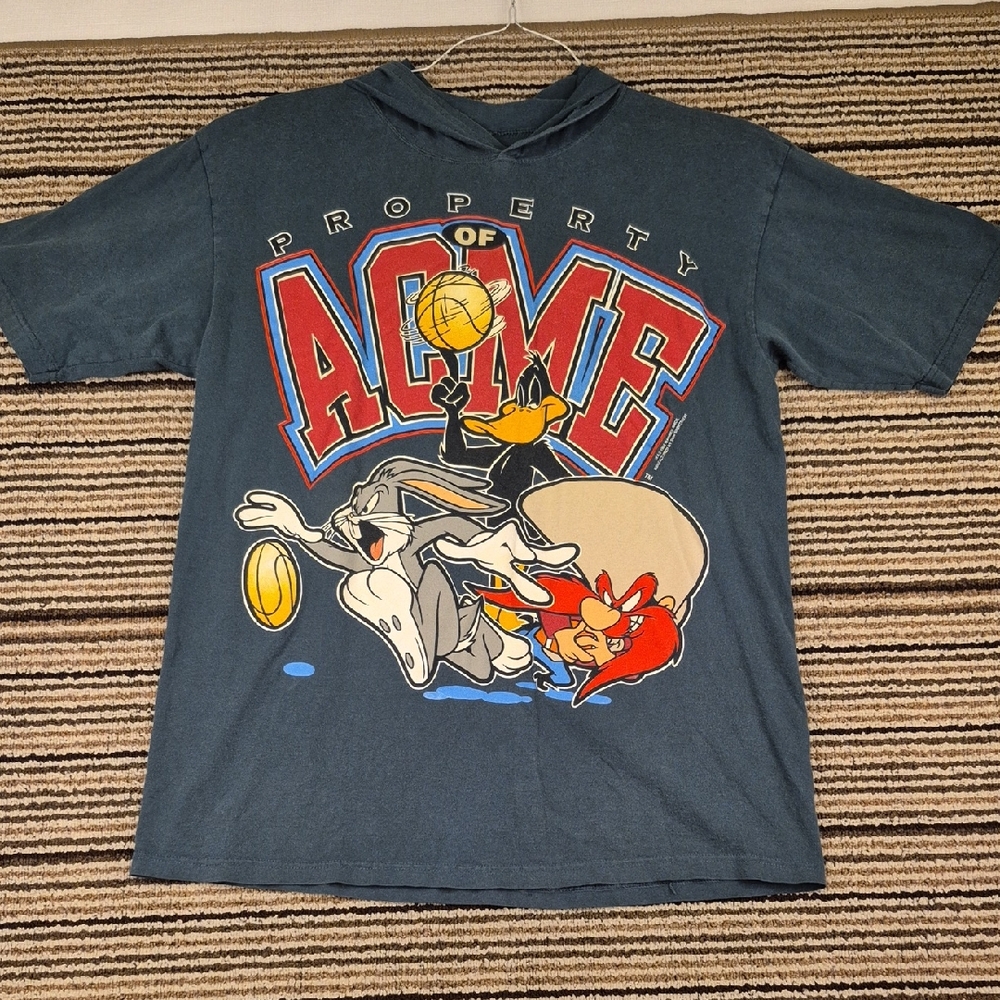 WARNER BROS Property of Acme‎ Dark Green Cotton Hooded Short Sleeve Shirt L 90s